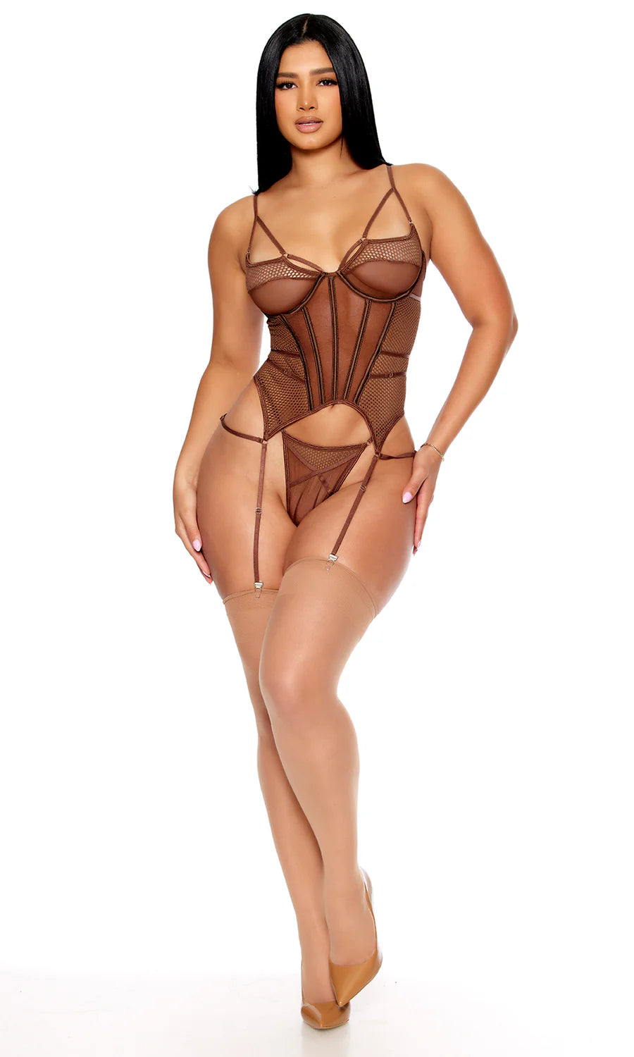 Brown Caught Up O-Net Bustier Lingerie Set