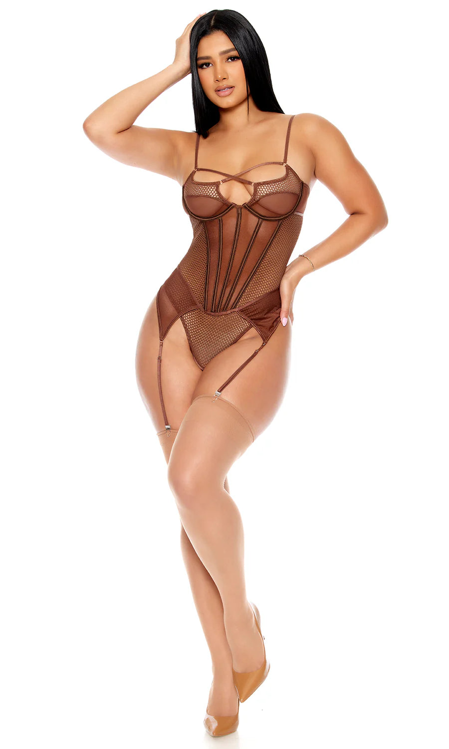 Brown Caught Up O-Net Corset Style Teddy