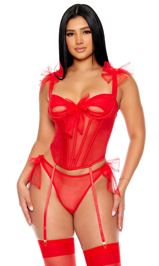 Red Unwrap Me Mesh Bow Detail Bustier Lingerie Set