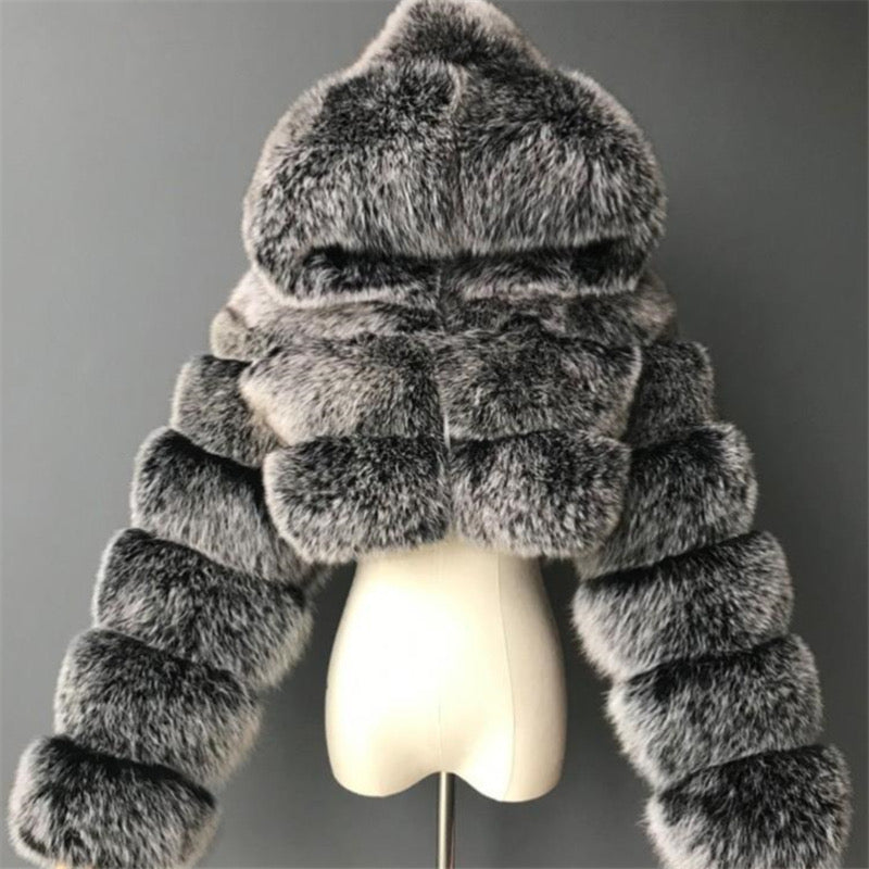 Grey & Black Winter solid color zip-up hooded casual faux fur jacket