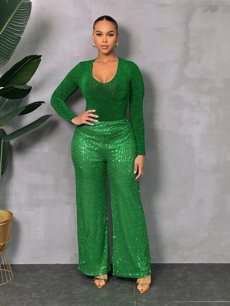 Green SEQUINED WIDE LEG SIDE ZIP PANTS