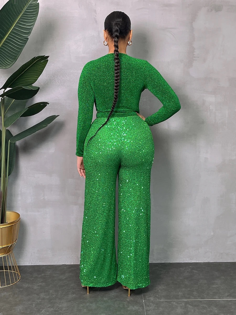 Green SEQUINED WIDE LEG SIDE ZIP PANTS