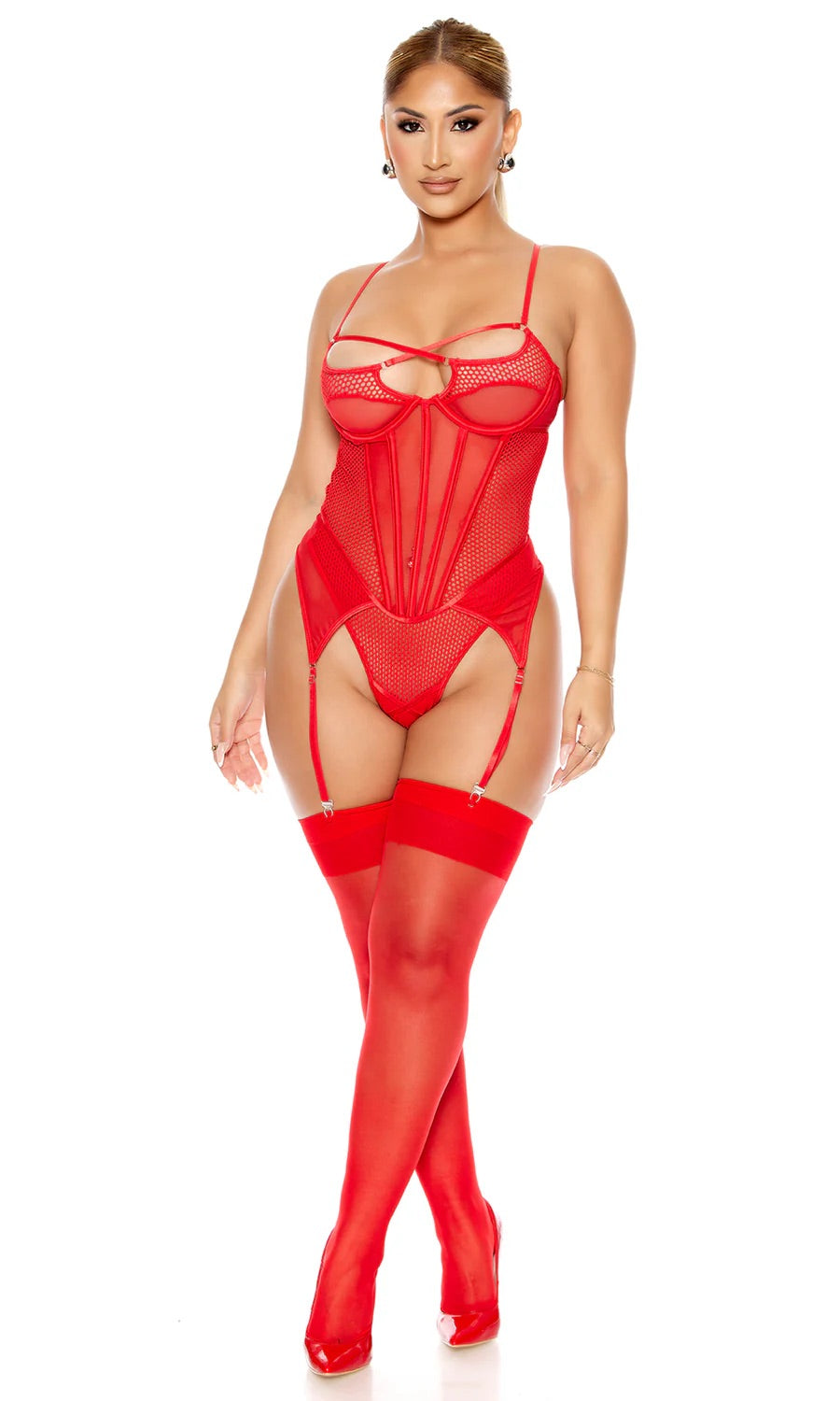 Caught Up O-Net Corset Style Teddy - Red