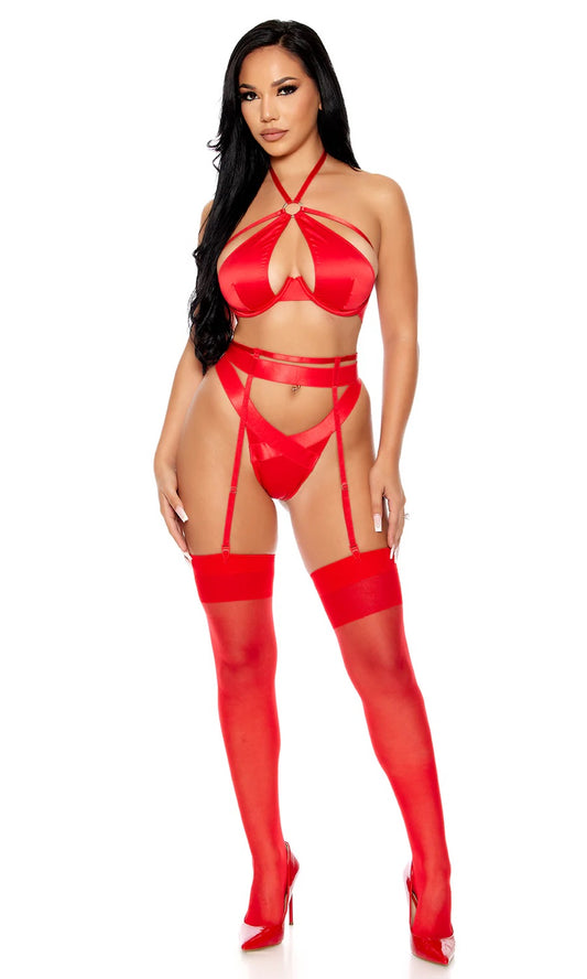 Soft Life Satin Bra and Garter Belt Lingerie Set - Red