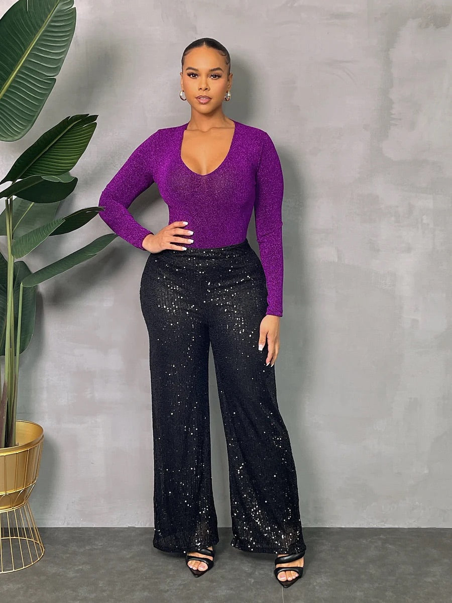 Black SEQUINED WIDE LEG SIDE ZIP PANTS