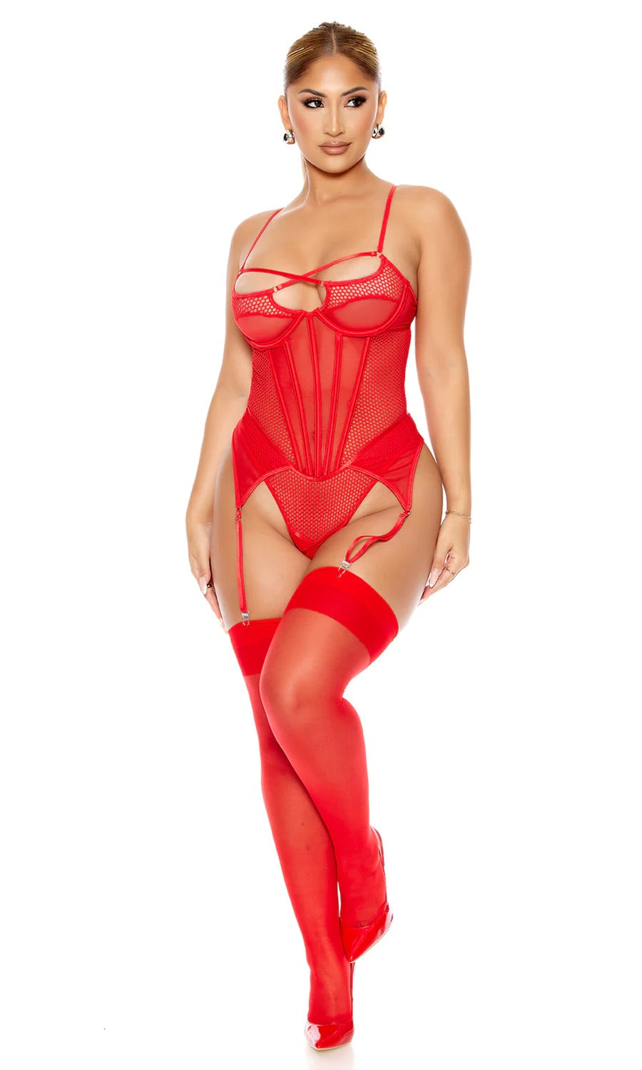 Caught Up O-Net Corset Style Teddy - Red