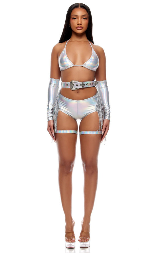 “Silver Seduction – Sexy Two-Piece Crop Top & Shorts Set | Lavish Women’s Halloween Costume”