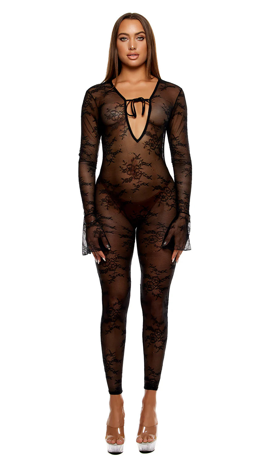Impress Lavish Sheer Lace Long Sleeve Lingerie Bodysuit