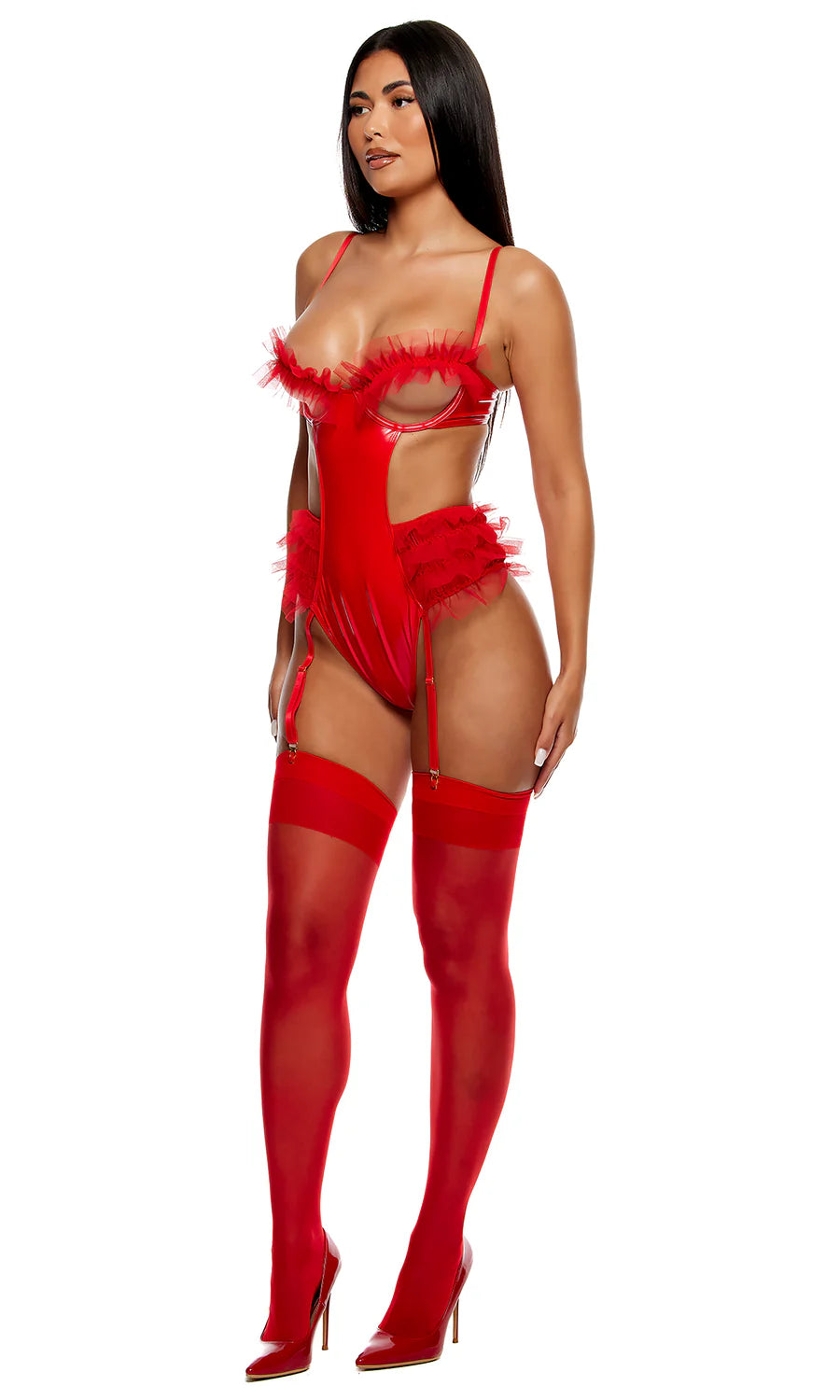 Impress Lavish Red Tulle Trim Lingerie Bodysuit with Thigh High Stockings