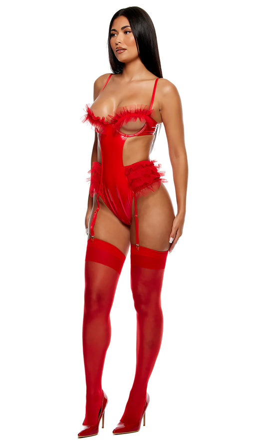 Impress Lavish Red Tulle Trim Lingerie Bodysuit with Thigh High Stockings