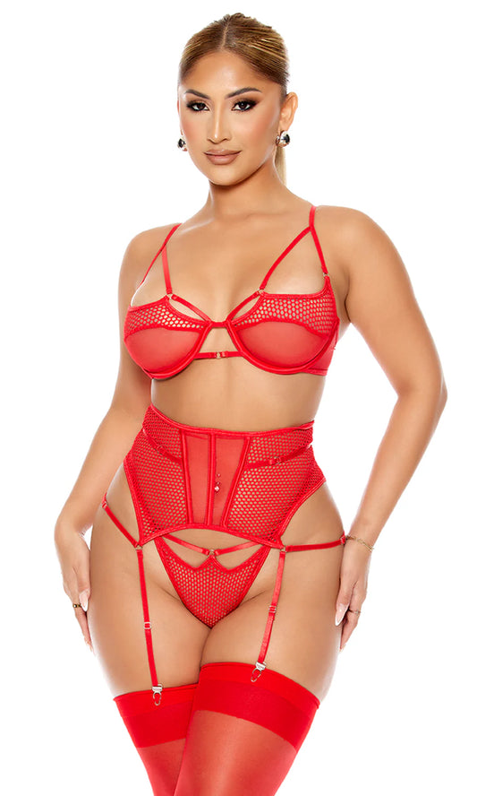 Impress Lavish Red Lace Two-Piece Lingerie Set with Thigh High Stockings